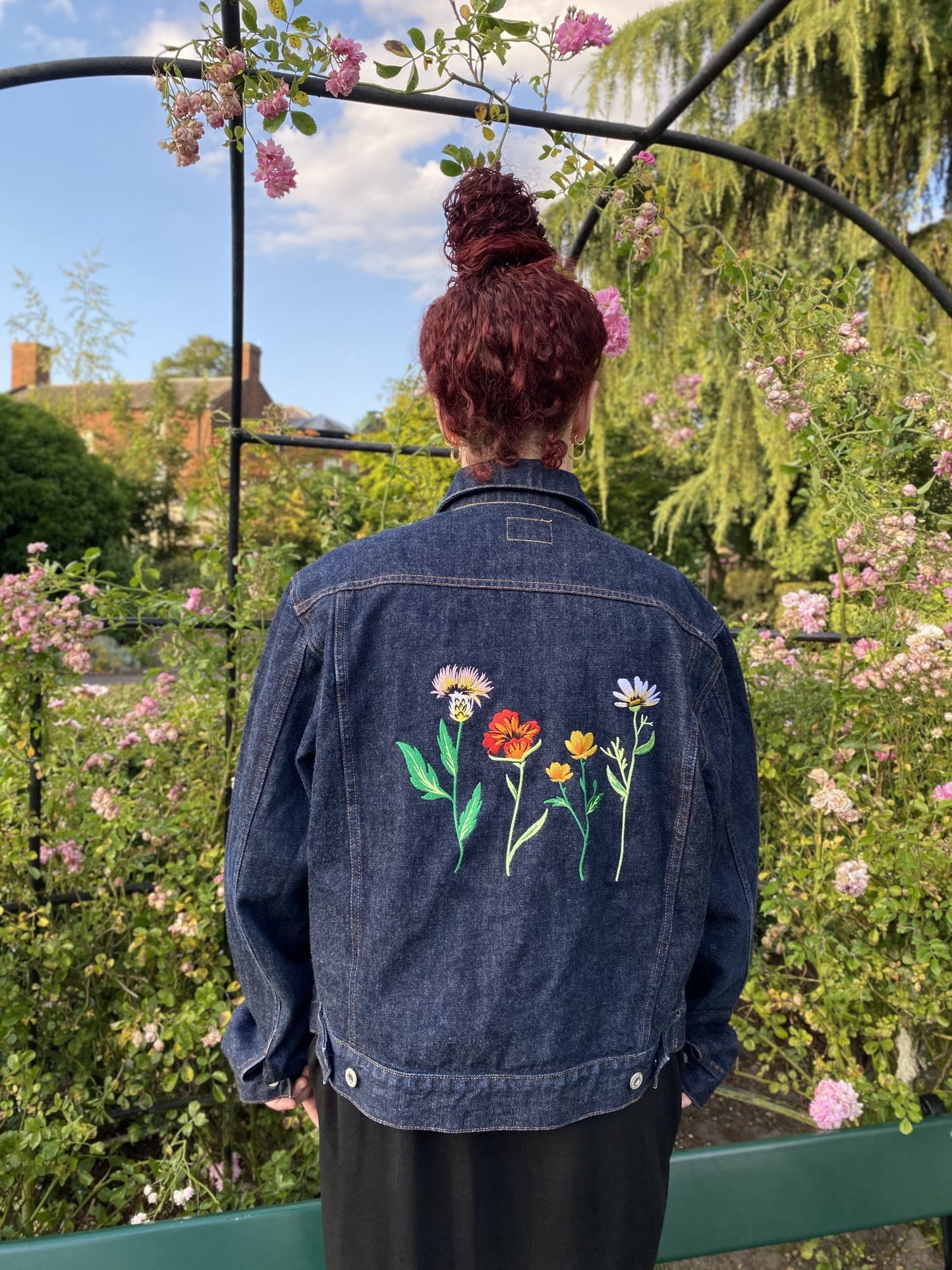 Vintage Reworked Denim Jacket With Flower Embroidery Size L