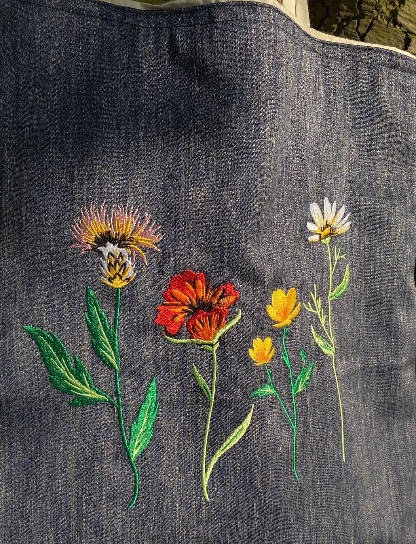 Unisex Cottage Core Denim Tote Bag with Flower Embroidery