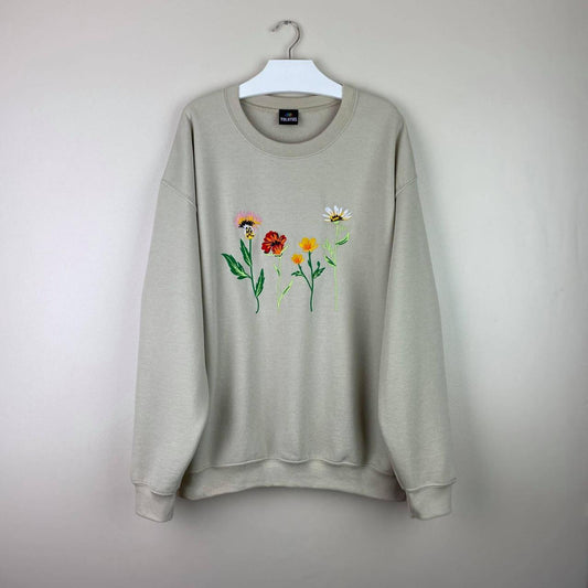 Unisex Cottage Core Floral Embroidery Sweatshirt in Cream