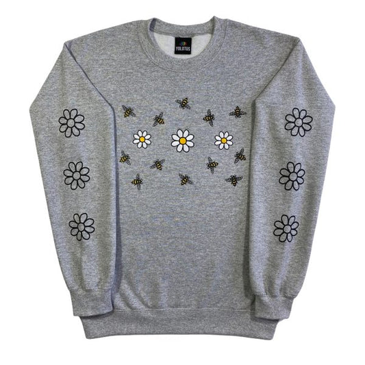 Unisex Daisies and Bees Embroidered Sweatshirt in Grey