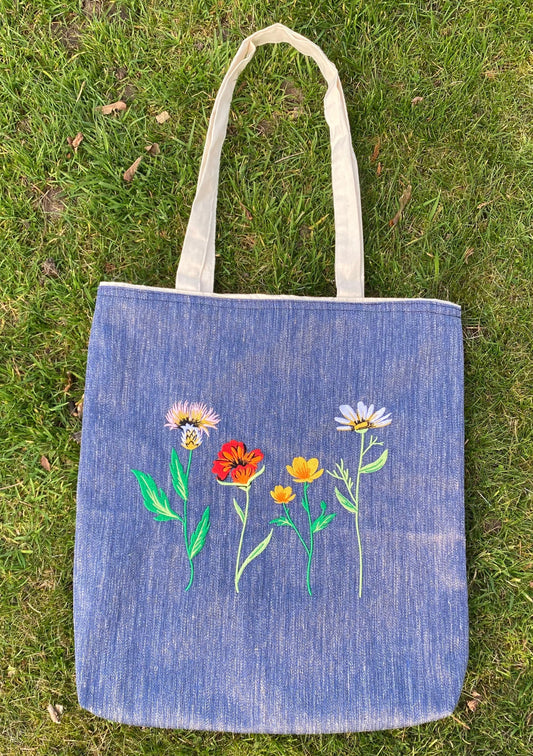 Unisex Cottage Core Denim Tote Bag with Flower Embroidery