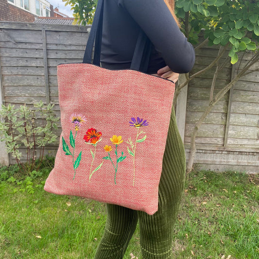 Unisex Cottage Core Tapestry Tote Bag with Flower Embroidery in Red