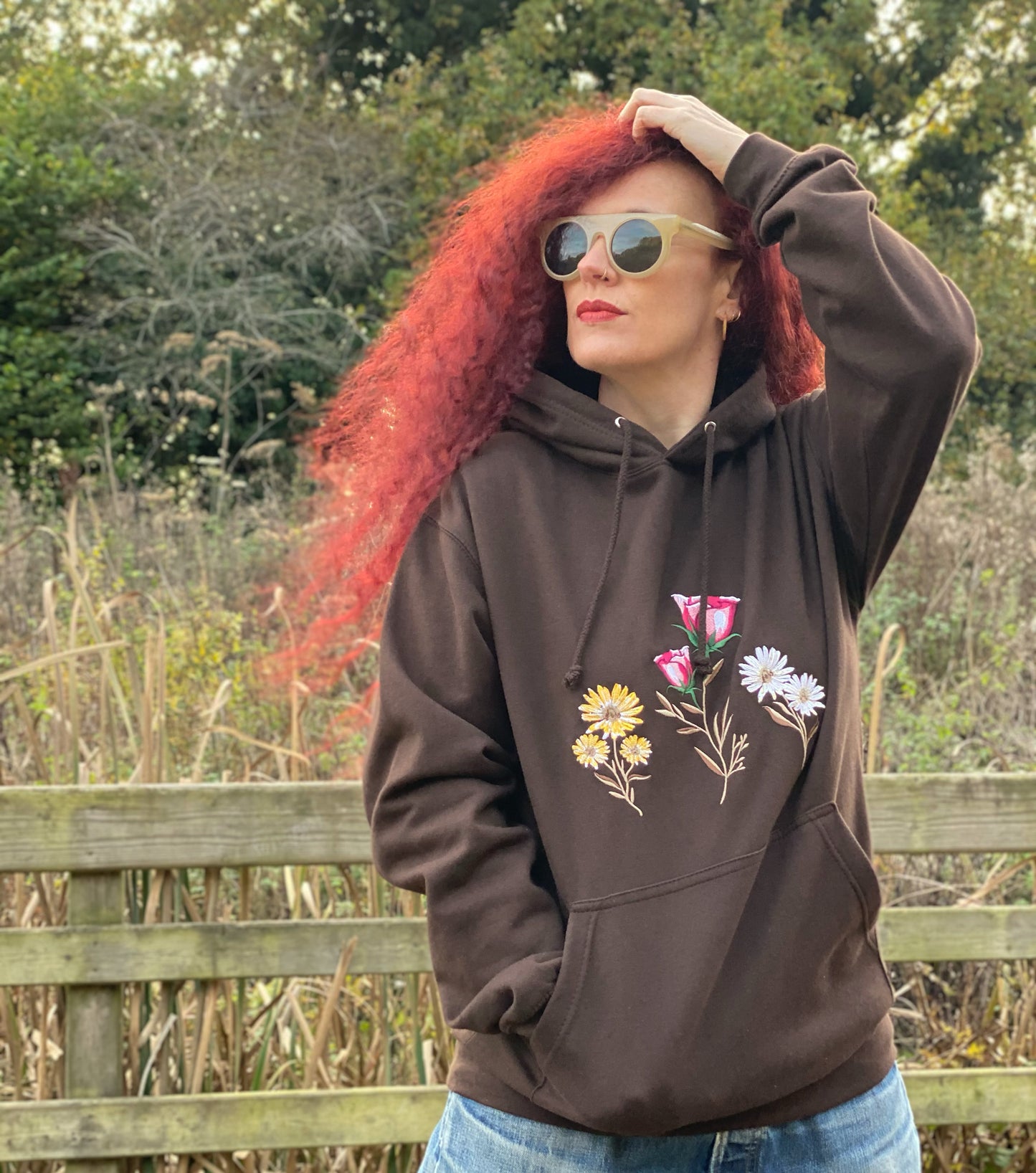 Unisex Cottage Core Floral Embroidery Hoodie in Brown
