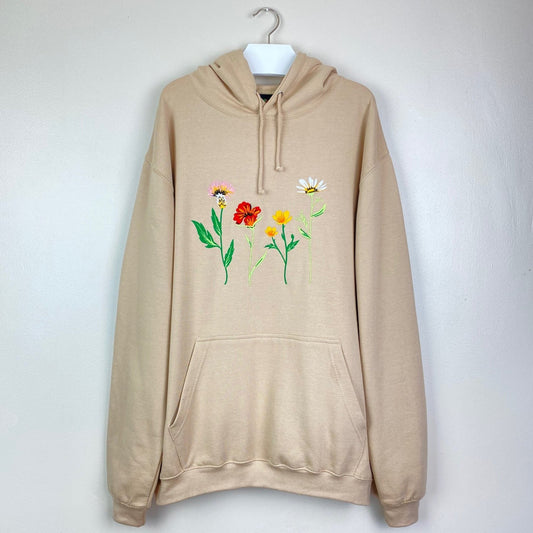 Unisex Cottage Core Floral Embroidery Hoodie in Cream
