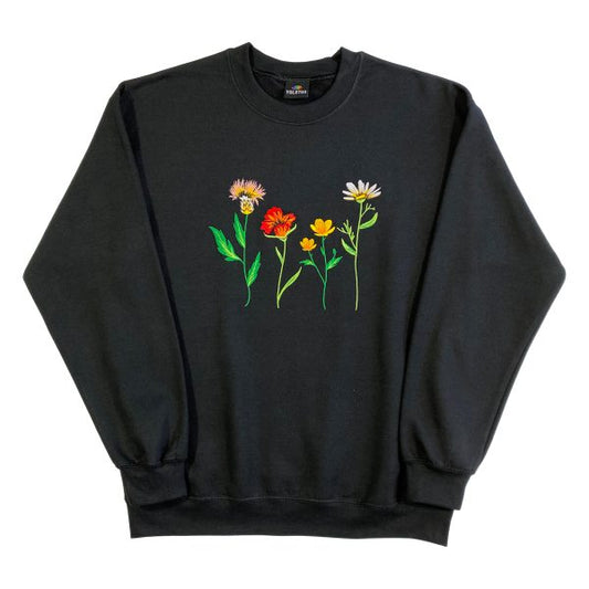 Unisex Cottage Core Floral Embroidery Sweatshirt in Black