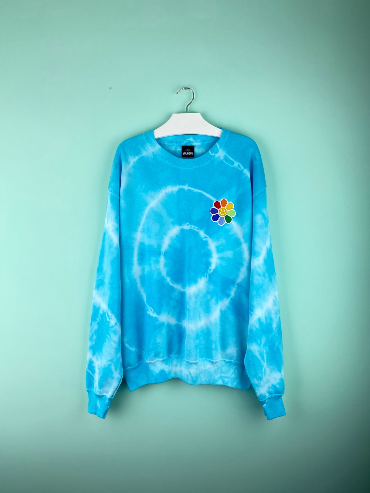 Unisex Smiley Face Daisy Tie Dye Pride Rainbow Embroidered Sweatshirt in Blue