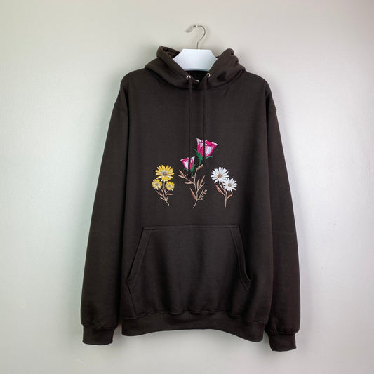 Unisex Cottage Core Floral Embroidery Hoodie in Brown