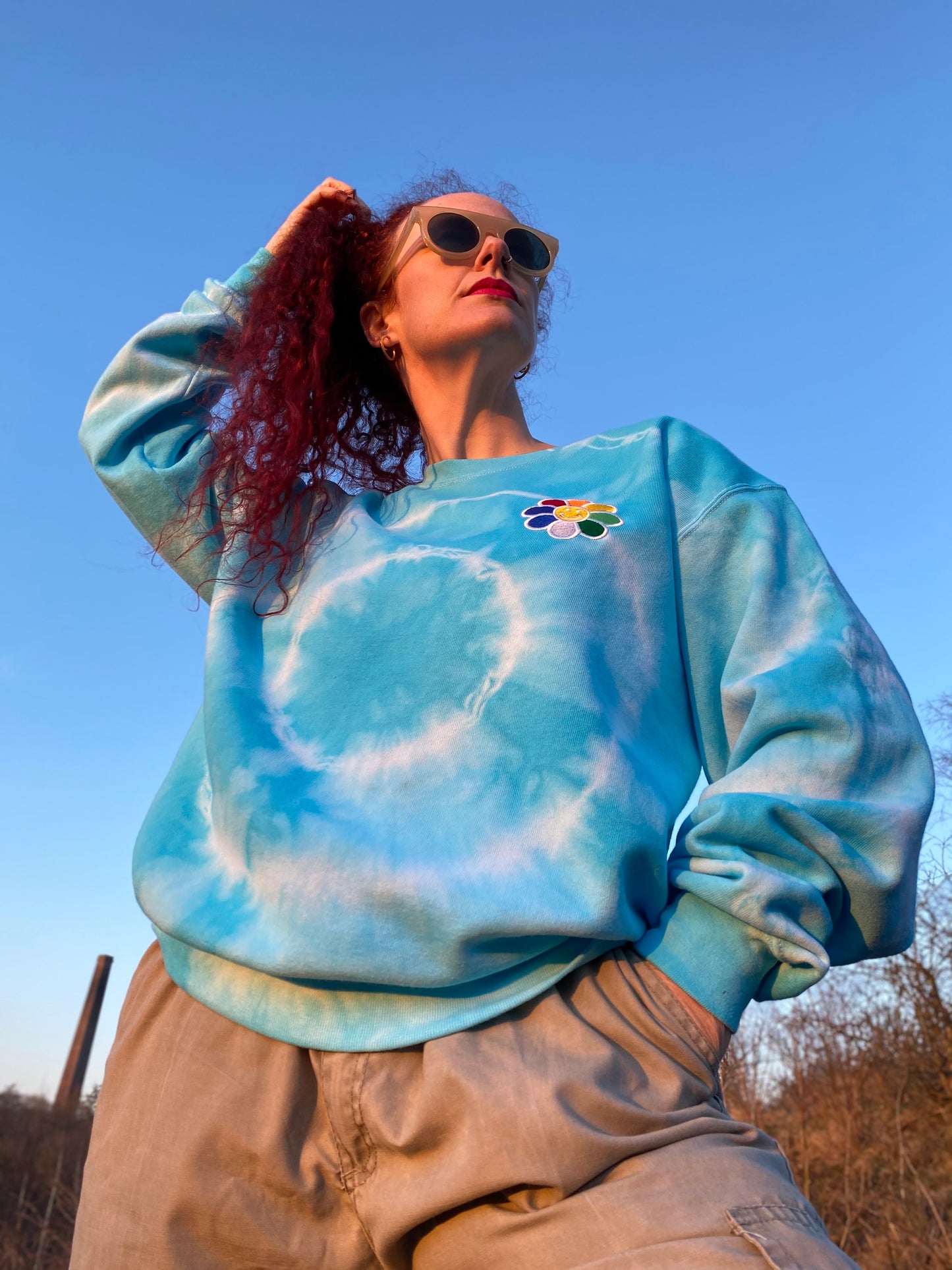 Unisex Smiley Face Daisy Tie Dye Pride Rainbow Embroidered Sweatshirt in Blue