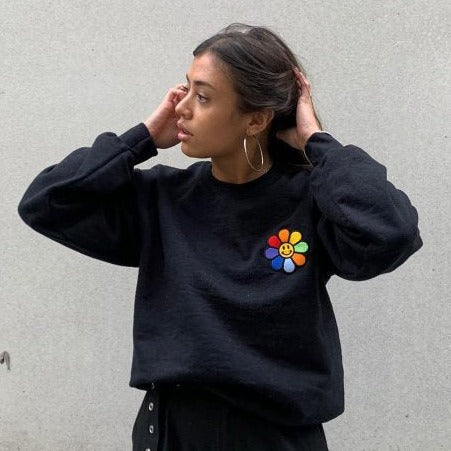 Unisex Smiley Face Daisy Pride Rainbow Embroidered Sweatshirt in Black