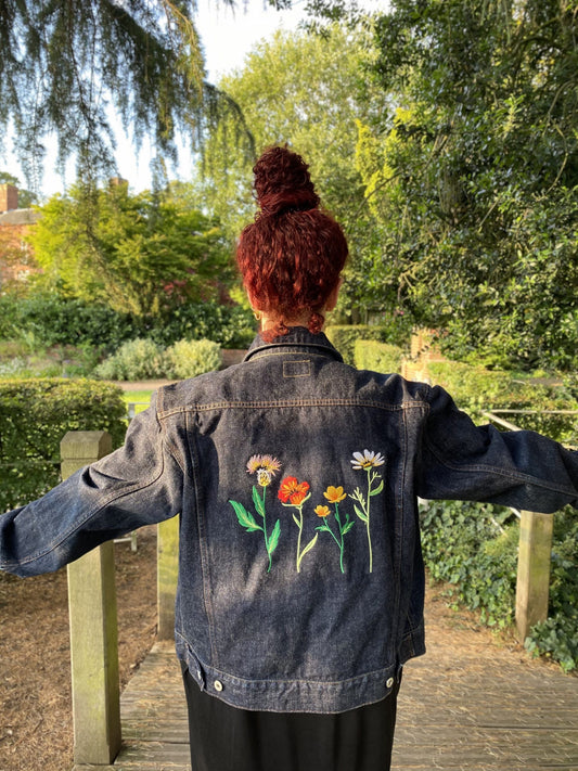 Vintage Reworked Denim Jacket With Flower Embroidery Size L