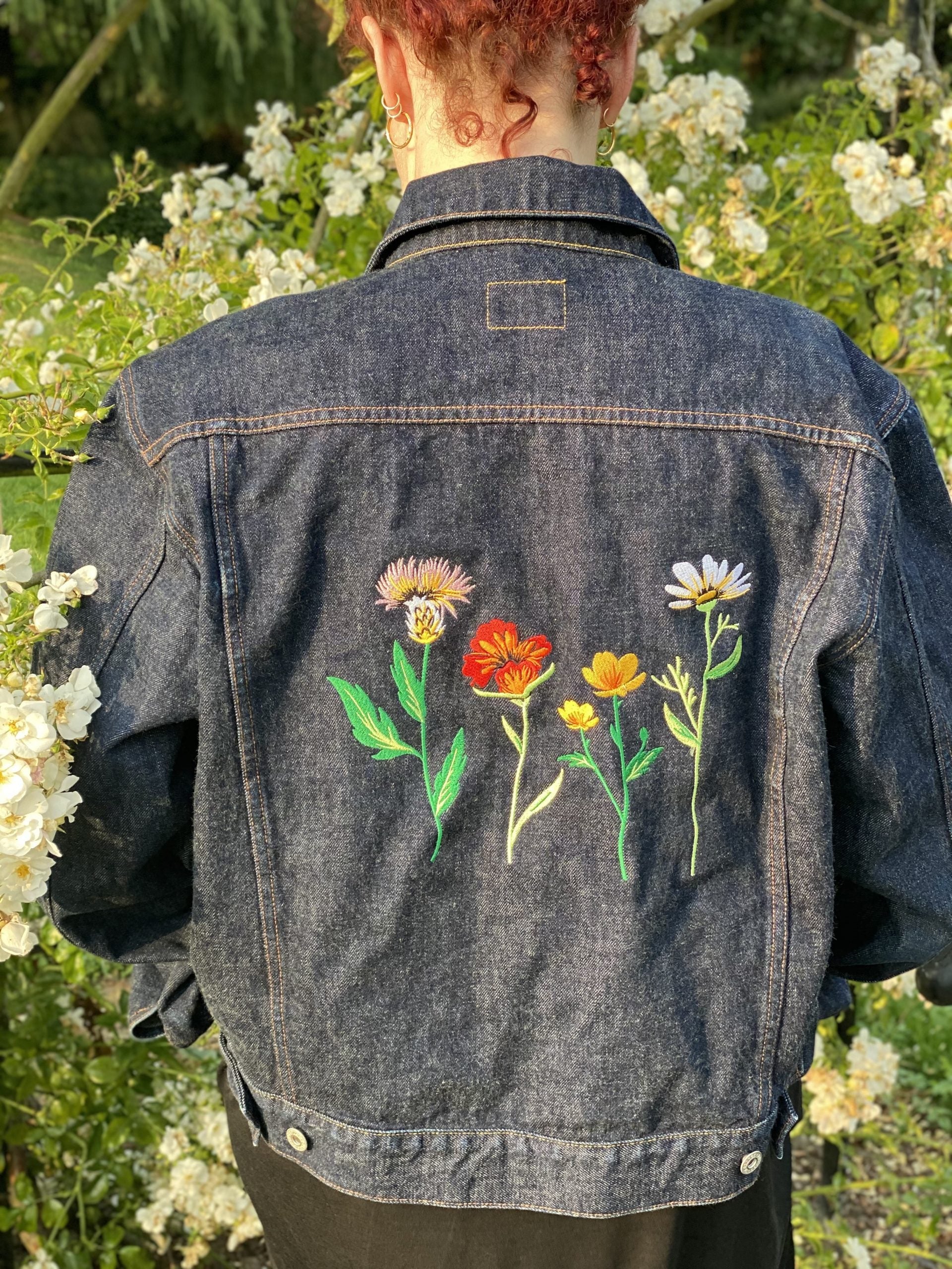 Vintage Reworked Denim Jacket With Flower Embroidery Size L YOLOTUS LONDON