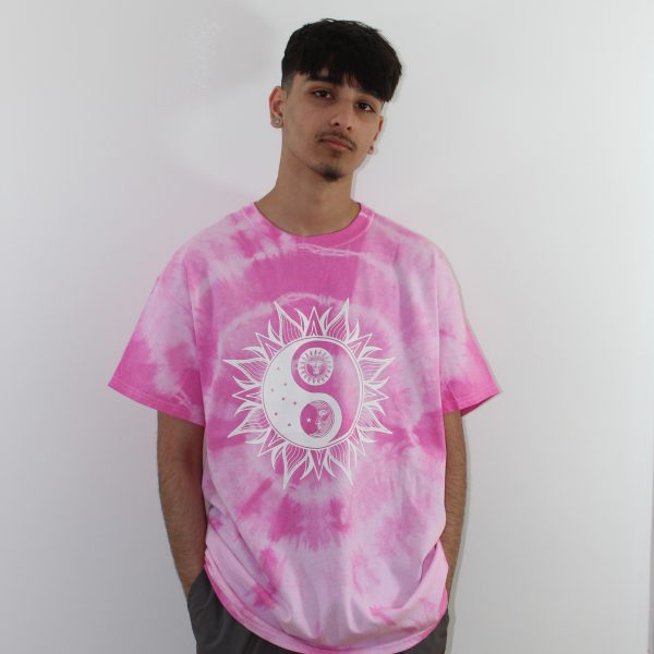 Yin Yan Sun and Moon Astrology Tie Dye Graphic T-Shirt in Pink