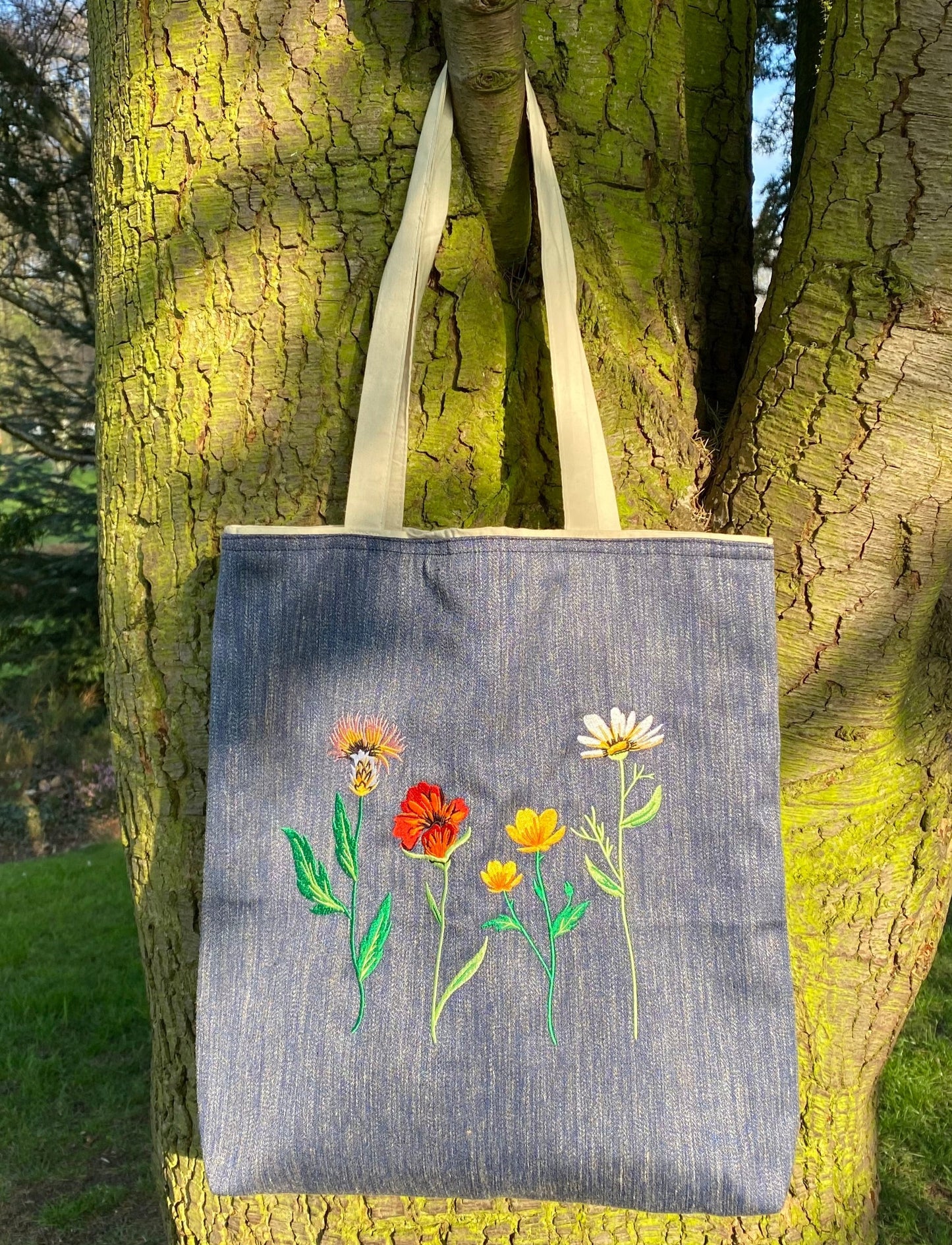 Unisex Cottage Core Denim Tote Bag with Flower Embroidery